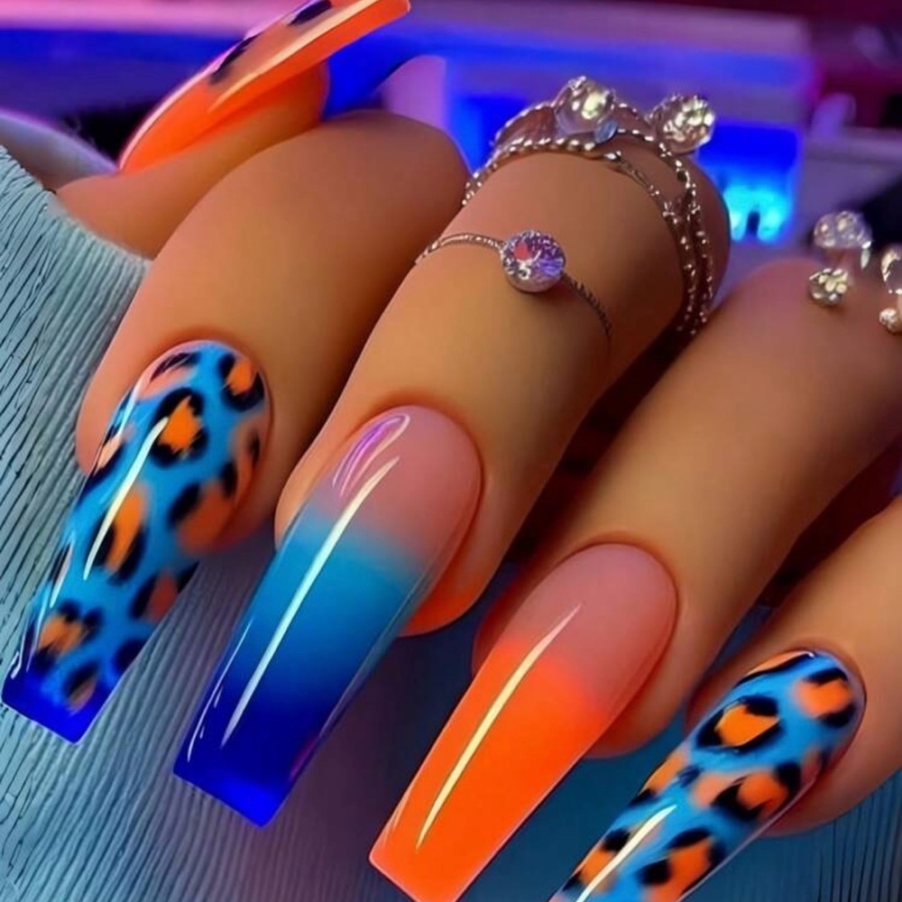 Vibrant Leopard and Ombre Nail Art